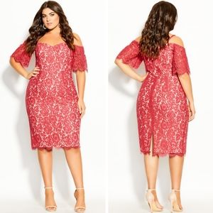 City Chic Lace Whisper Dress Off the Shoulder Raspberry Pink 14 NWT NEW